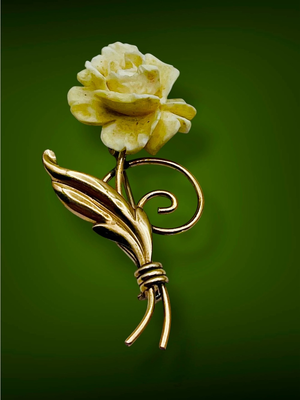 Vintage 12K GF Carved Celluloid White Rose Flower Brooch Pin Mid Centur